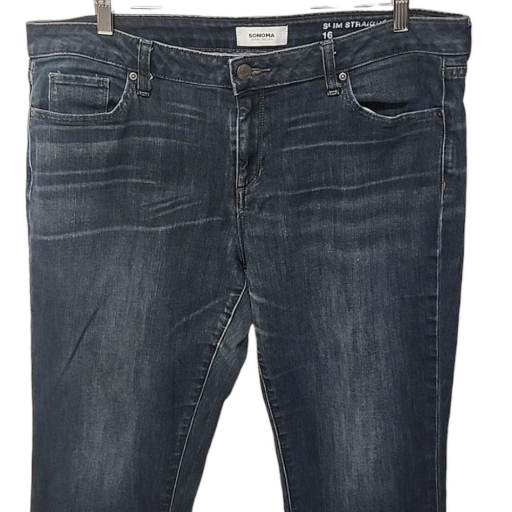 SONOMA Straight Leg Jeans Plus Size 16 Slim Dark Wash Stretch Distressed Denim - Picture 5 of 8